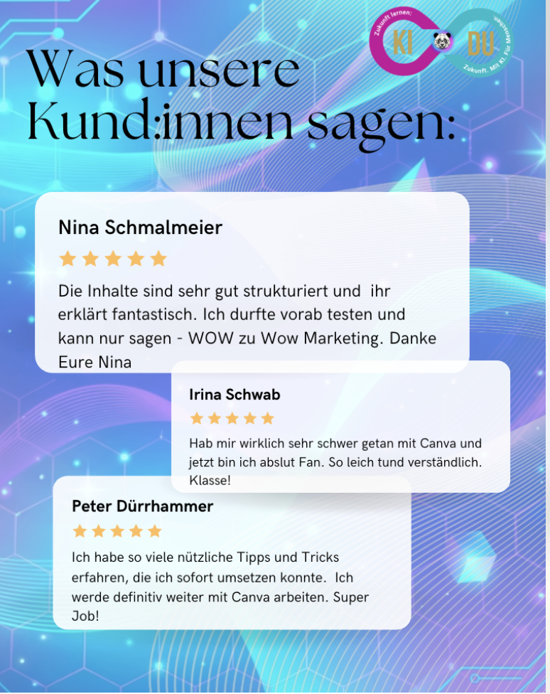 Kundenstimmen: Nina Schmalmeier, Irina Schwab und Peter Duerrhammer bewerten den Kurs mit 5 Sternen.