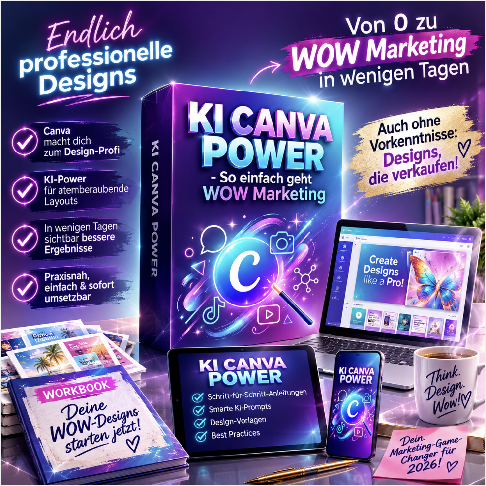KI Canva Power Produkt-Mockup: Kursbox, Workbook, Tablet, Smartphone und Laptop mit Canva Designs