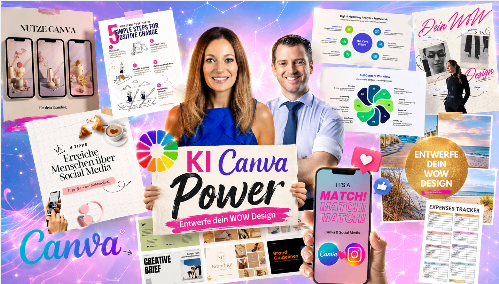Collage mit Canva-Designs aus dem Kurs: Social-Media-Posts, Praesentationen, Branding und Vorlagen.